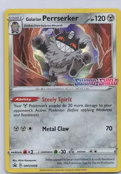 Galarian Perrserker (Prerelease) SWSH008 Holo Sword & Shield Promo Pokemon LP - Image 1