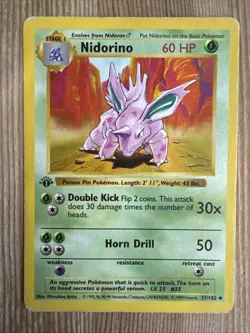 Nidorino 37/102 Base Set 1st Edition Shadowless Uncommon Vintage Pokemon TCG DMG - Image 1