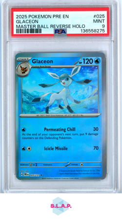 GLACEON MASTER BALL REVERSE HOLO POKEMON EN-PRISMATIC EVOLUTIONS 2025 025 PSA 9 - Image 1