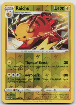 Reverse Holo Raichu 053/196 SWSH11: Lost Origin Rare Pokemon TCG Card - Image 1