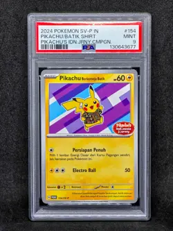 PSA 9 Pikachu Batik 154/SV-P Berkemeja Indonesia Journey Promo Pokemon Card - Image 1