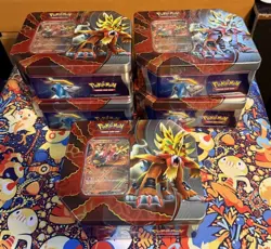 Lot Of 5 Pokemon TCG Gouging Fire ex Paradox Destinies Tin Sealed English - Image 1