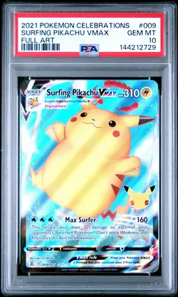 2021 POKEMON CELEBRATIONS #009 FULL ART/SURFING PIKACHU VMAX PSA 10 - Image 1