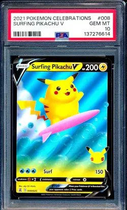 Surfing Pikachu V 2021 Pokemon Celebrations Full Art #008 PSA 10 English - Image 1