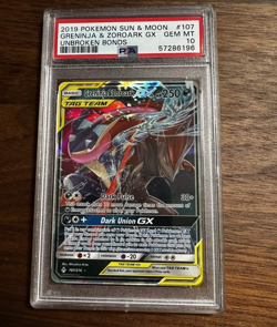PSA 10 2019 POKEMON SUN & MOON UNBROKEN BONDS #107 GRENINJA & ZOROARK GX - Image 1