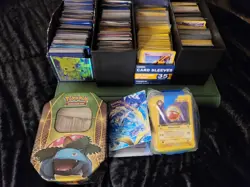 15LB mixed pokemon card lot with 2 binders and tin - Image 1