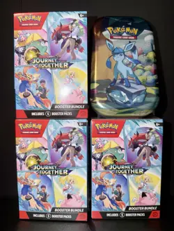 Pokemon Lot of 4 Journey Together Booster Bundles & Prismatic Evolution Mini Tin - Image 1