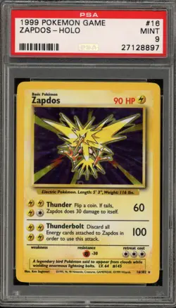 Pokemon Zapdos Base Set Unlimited Holo Rare #16 PSA 9 Mint - Image 1