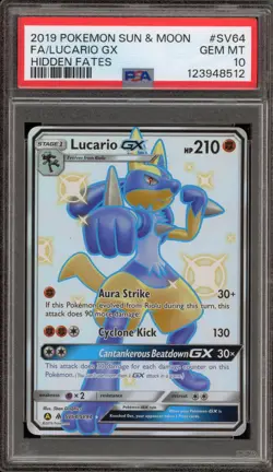 Pokemon Lucario GX Hidden Fates Full Art #SV64 PSA 10 Gem Mint - Image 1
