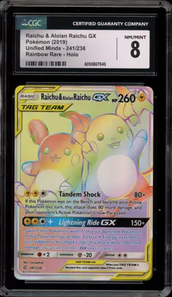 Pokemon Raichu & Alolan Raichu GX Unified Minds Secret Rare #241 CGC 8 - Image 1