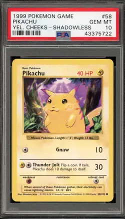 Pokemon Pikachu Base Set Shadowless Yellow Cheeks #58 PSA 10 Gem Mint - Image 1