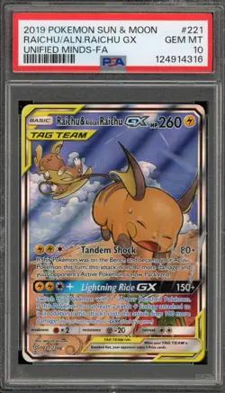 Pokemon Raichu & Alolan Raichu GX Unified Minds Alt Art #221 DAMAGED SLAB PSA 10 - Image 1