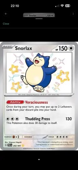 Pokemon TCG Snorlax 202/091 Paldean Fates Shiny Card Near Mint - Image 1