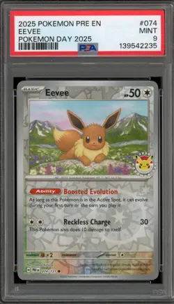 Pokemon Eevee 2025 Pokemon Day Prismatic Evolutions Reverse Holo #074 PSA 9 Mint - Image 1
