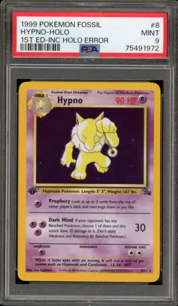 Pokemon Hypno Fossil 1st Edition Holo Rare #8 INCOMPLETE HOLO ERROR PSA 9 Mint - Image 1
