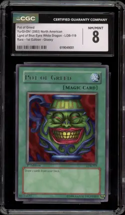 Yu-Gi-Oh! Pot Of Greed Legend of Blue Eyes 1st Edition Rare LOB-119 CGC 8 - Image 1