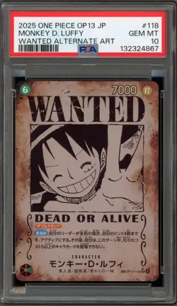 One Piece CCG Monkey.D.Luffy Japanese Wanted Alternate Art OP13-118 PSA 10 - Image 1