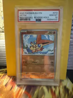 2025 Pokemon Black Bolt Victini Reverse Holo Master Ball Rare #012/086 PSA 10 - Image 1