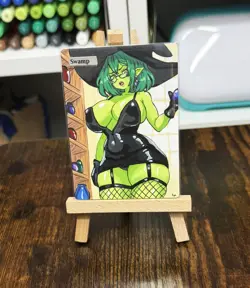 Hand Painted Altered Art Mtg land card Anime girl Swamp - Image 2