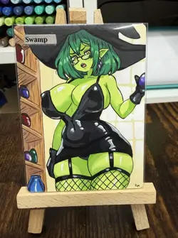 Hand Painted Altered Art Mtg land card Anime girl Swamp - Image 3