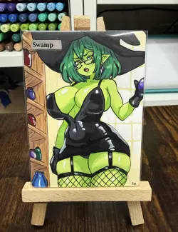 Hand Painted Altered Art Mtg land card Anime girl Swamp - Image 4