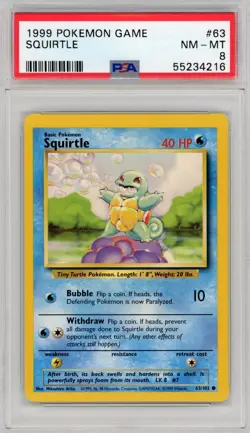 1999 Pokemon Squirtle Base Set #63 PSA 8 Partial Set Break - Image 1