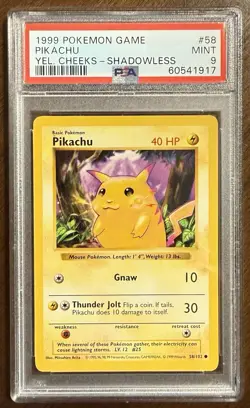 1999 Pokemon Base Set #58 Pikachu Yellow Cheeks Shadowless PSA 9 English MINT - Image 1