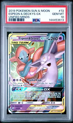 2019 POKEMON SUN & MOON UNIFIED MINDS #72 ESPEON & DEOXYS GX PSA 10 GEM MINT - Image 2