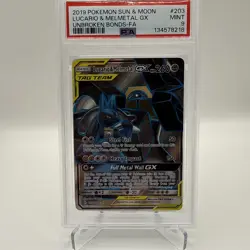 2019 POKEMON SM UNBROKEN BONDS #203 FULL ART/LUCARIO & MELMETAL GX PSA 9 - Image 1