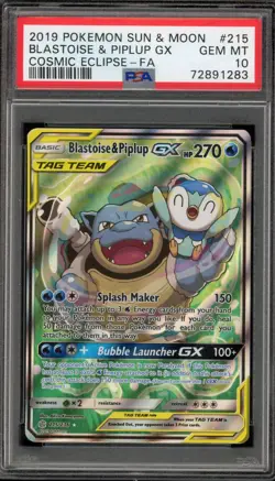 Pokemon Blastoise & Piplup GX Cosmic Eclipse Full Alt Art #215 PSA 10 Gem Mint - Image 1