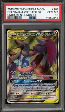 Pokemon Greninja & Zoroark GX Unbroken Bonds Full Alt Art #201 PSA 10 Gem Mint - Image 1