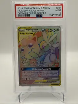 2019 Pokemon Cosmic Eclipse #261 Mega Lopunny & Jigglypuff GX Secret Rare PSA 9 - Image 1