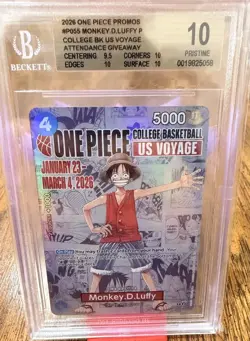 One Piece CCG Monkey.D.Luffy College Basketball US Voyage Promo P-055 BGS 10 - Image 1