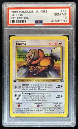 1999 Pokemon Jungle 1st Edition Tauros #47/64 PSA 10 GEM MINT - Image 1
