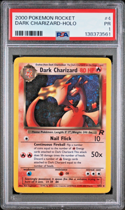 SWIRL PSA 1 2000 Pokemon Team Rocket Dark Charizard 4/82 Holo Foil Rare WOTC - Image 1