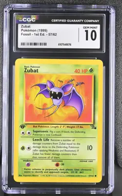 CGC GEM MINT 10 Pokemon Zubat 57/62 1999 Fossil 1st Edition - Image 1