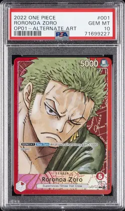 2022 ONE PIECE OP01-ROMANCE DAWN ALTERNATE ART #001 RORONOA ZORO PSA 10 - Image 1