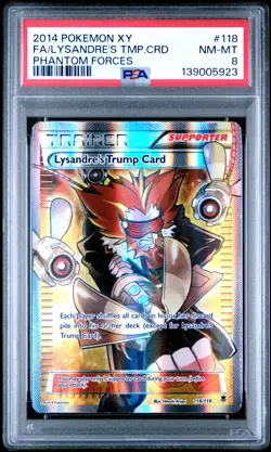 2014 POKEMON XY PHANTOM FORCES #118 FULL ART/LYSANDRE'S TRUMP CARD PSA 8 - Image 1
