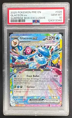 3340 Glaceon ex 2025 Pokemon Prismatic Evolutions #026 Surprise Promo PSA 10 - Image 1