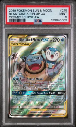 2019 POKEMON SUN & MOON COSMIC ECLIPSE #215 FULL ART/BLASTOISE & PIPLUP GX PSA 9 - Image 1