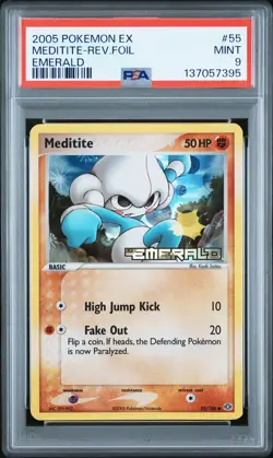 2005 POKEMON EX EMERALD #55 MEDITITE-REVERSE FOIL PSA 9 - Image 1