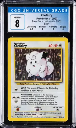 1999 POKEMON BASE SET UNLIMITED HOLO #005 CLEFAIRY CGC 8 - Image 1