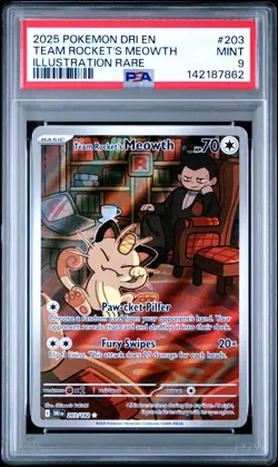 2025 Pokemon Destined Rivals Team Rocket's Meowth Illustration Rare #203 PSA 9 - Image 1