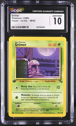 CGC GEM MINT 10 Pokemon Grimer 48/62 1999 Fossil 1st Edition - Image 1