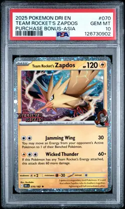 2025 POKEMON DESTINED RIVALS PURCHASE BONUS-ASIA #070 TEAM ROCKETS ZAPDOS PSA 10 - Image 1