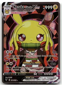 Pokemon TCG Nezuko Poncho Pikachu VCOS Cosplay Custom Full Art Shiny Holo Card - Image 1