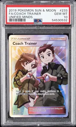 2019 POKEMON SUN & MOON UNIFIED MINDS #233 FULL ART/COACH TRAINER PSA 10 - Image 1