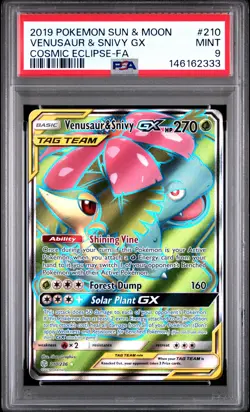 2019 POKEMON SUN & MOON COSMIC ECLIPSE #210 FULL ART/VENUSAUR & SNIVY GX PSA 9 - Image 1