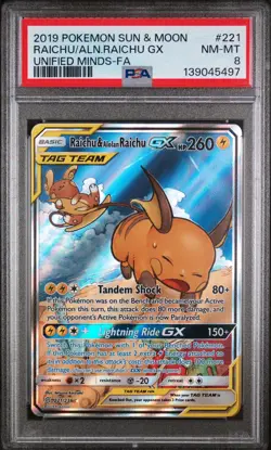 2019 POKEMON SUN & MOON UNIFIED MINDS FULL ART/RAICHU & ALOLAN RAICHU GX PSA 8 - Image 1