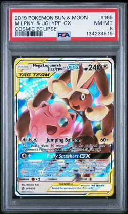 2019 POKEMON SUN & MOON COSMIC ECLIPSE #165 MEGA LOPUNNY & JIGGLYPUFF GX PSA 8 - Image 1